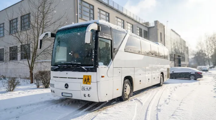 Nowoczesny autokar Mercedes Tourismo zaparkowany w zimowej scenerii w Krakowie - komfortowy pojazd do wynajmu na wycieczki grupowe i wesela